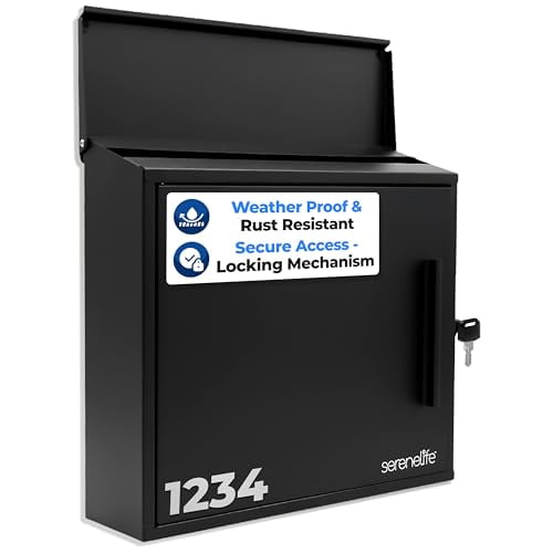 SereneLife Outdoor Wall Mailbox | 0.46 Cubic FT Locking Mailbox | Easy Installation, Secure Lock Mechanism | Ideal for Residential or Commercial Use | Wall Mountable 13.77" x 4.52" x 12.99 | Black