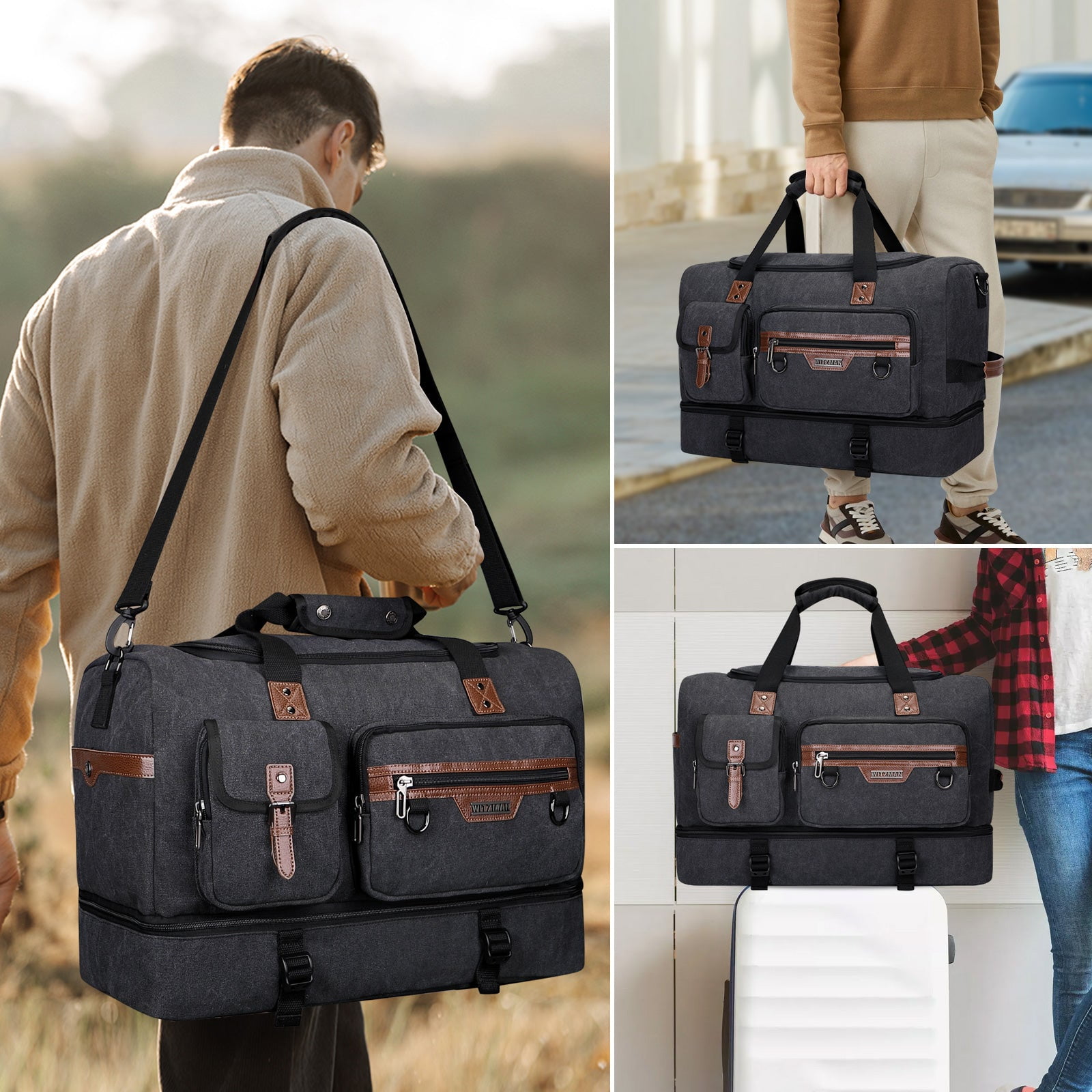 WITZMAN Canvas Weekender Bag Mens Overnight Bag for Traveling Carry on Duffle Bags with Shoes Compartment(A8010 Black)
