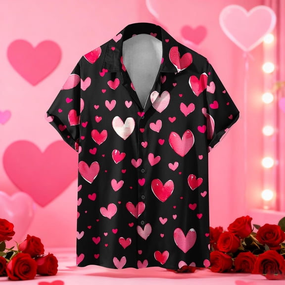 Fewfanhot Mens Shirts Valentines Day Shirt Heart Print Button Down Collared Short Sleeve Hawaiian Shirt
