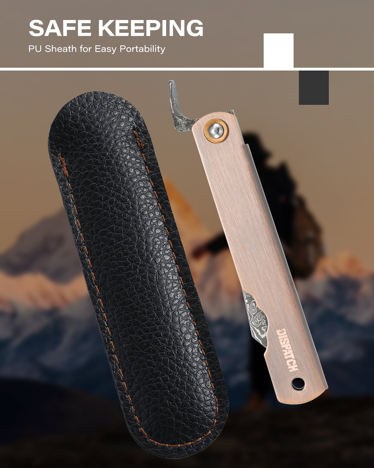 Dispatch 3.6" Damascus Folding Pocket Knife, Cloud Pattern Damascus Blade, Electroplated Red Antique Bronze Handle with Black PU Sheath