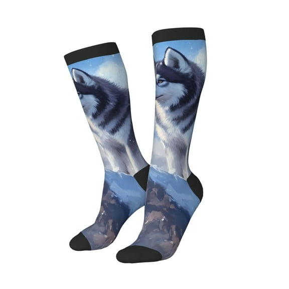 Knee High Socks for Women Men Athletic - Snow Mountain Alaskan Sled Dog Thigh-High Black Sole Comfort Breathable Long Socks for Casual Travel Running