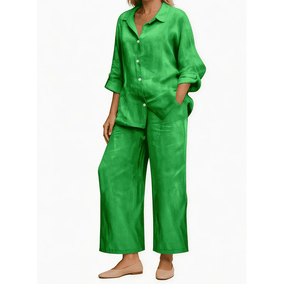 Amzcrzy Two Piece Sets for Women 2026 Solid Color Outfits V Neck Button Down Shirt with Roll Tab Sleeves Wide Leg Pants Lounge Sets with Pockets Dressy Casual Loungewear Sets Bright Green 2XL