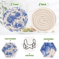 thumbnail image 4 of Haosy Set of 6 Drink Woven Coaster with Holder Heat Resistant Non-Slip Bar Coasters 4 Inches Blue White Porcelain with Roses, 4 of 7