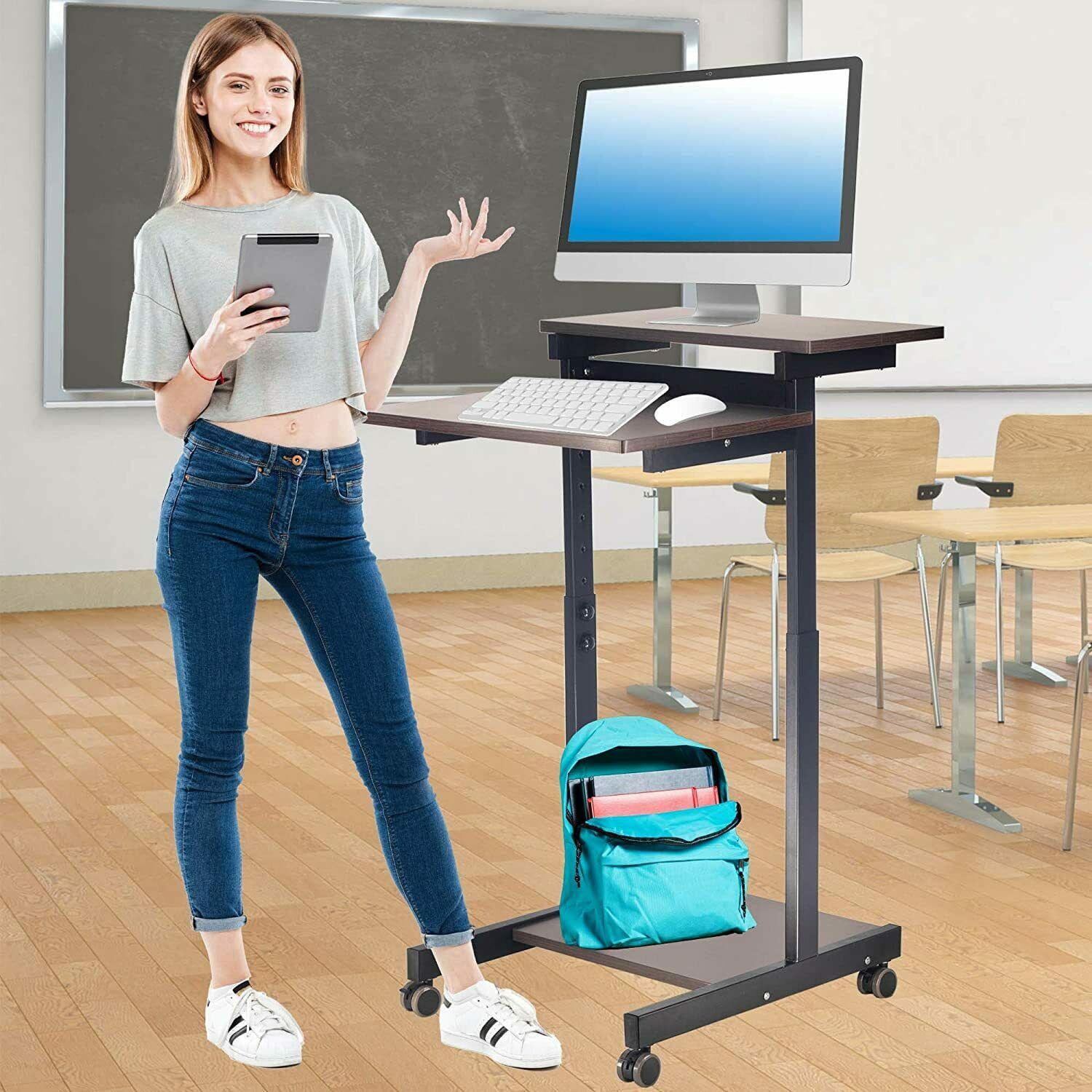 POCHAR Height Adjustable Computer Station Mobile Computer Desk - Two Tier Rolling Computer Cart - Black Frame with Espresso Top (21.6'' Wide)