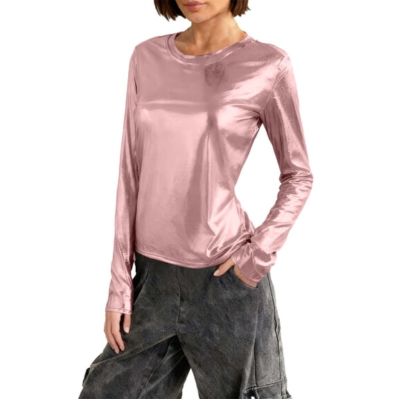 BLVB Going out Tops for Women Round Neck Long Sleeve Shiny Sparkly Blouse Evening Party Club Shirts