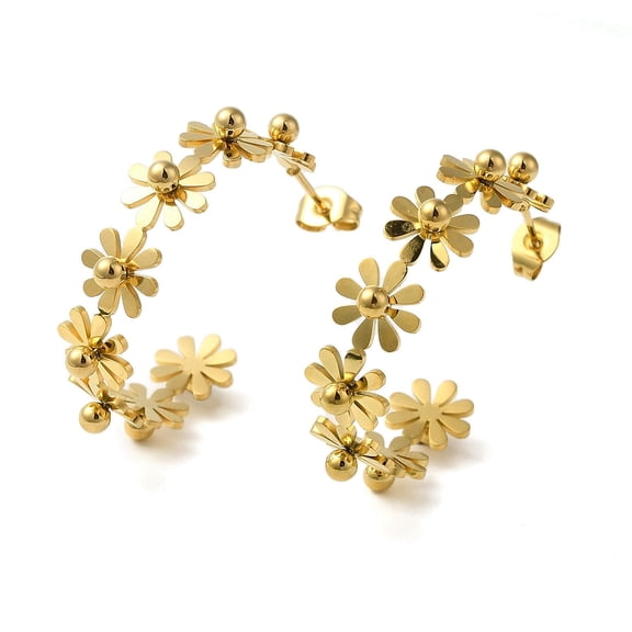 304 Stainless Steel Flower Stud Earrings Jewely for Women Real 18K Gold Plated 35x8.5mm