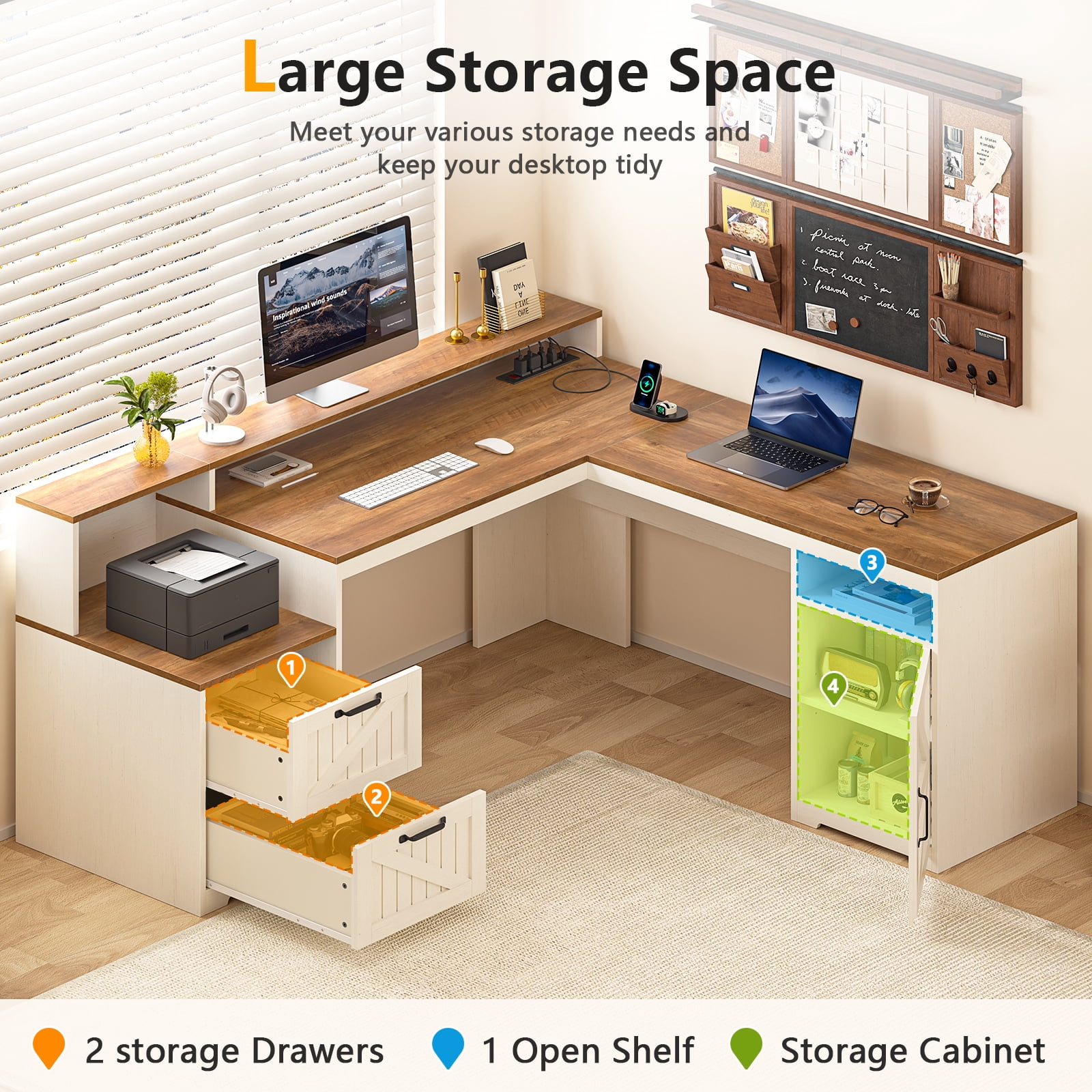 63" Farmhouse L Shaped Executive Desk with Drawers & Storage Shelf, Corner Computer Desk with Power Outlets, L Shaped Office Desk with Monitor Stand, Printer Shelf, Antique White