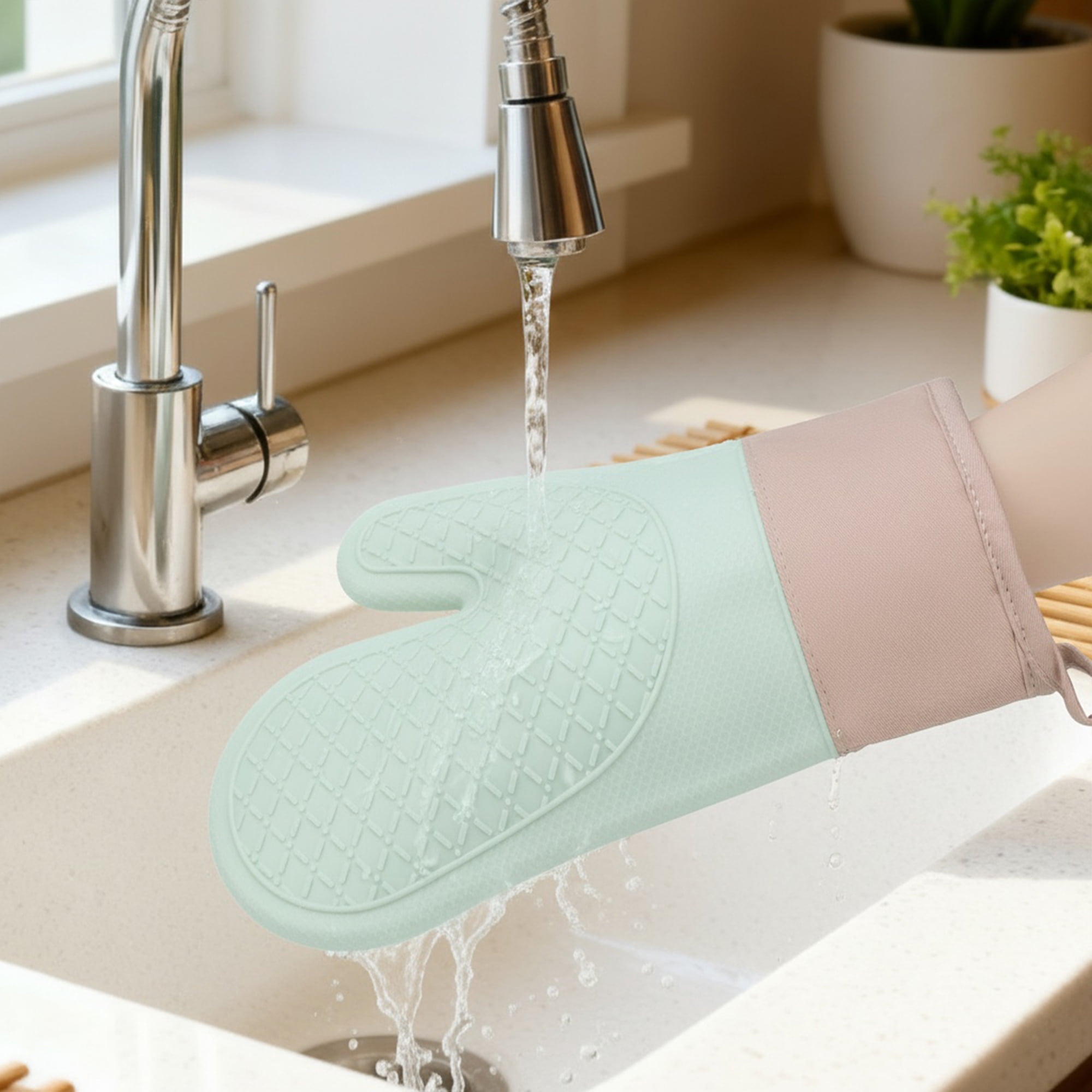 Unique Bargains 2pcs Soft Silicone and Cotton Heat-Resistant Oven Mitts Green 11.2" x 7.7"