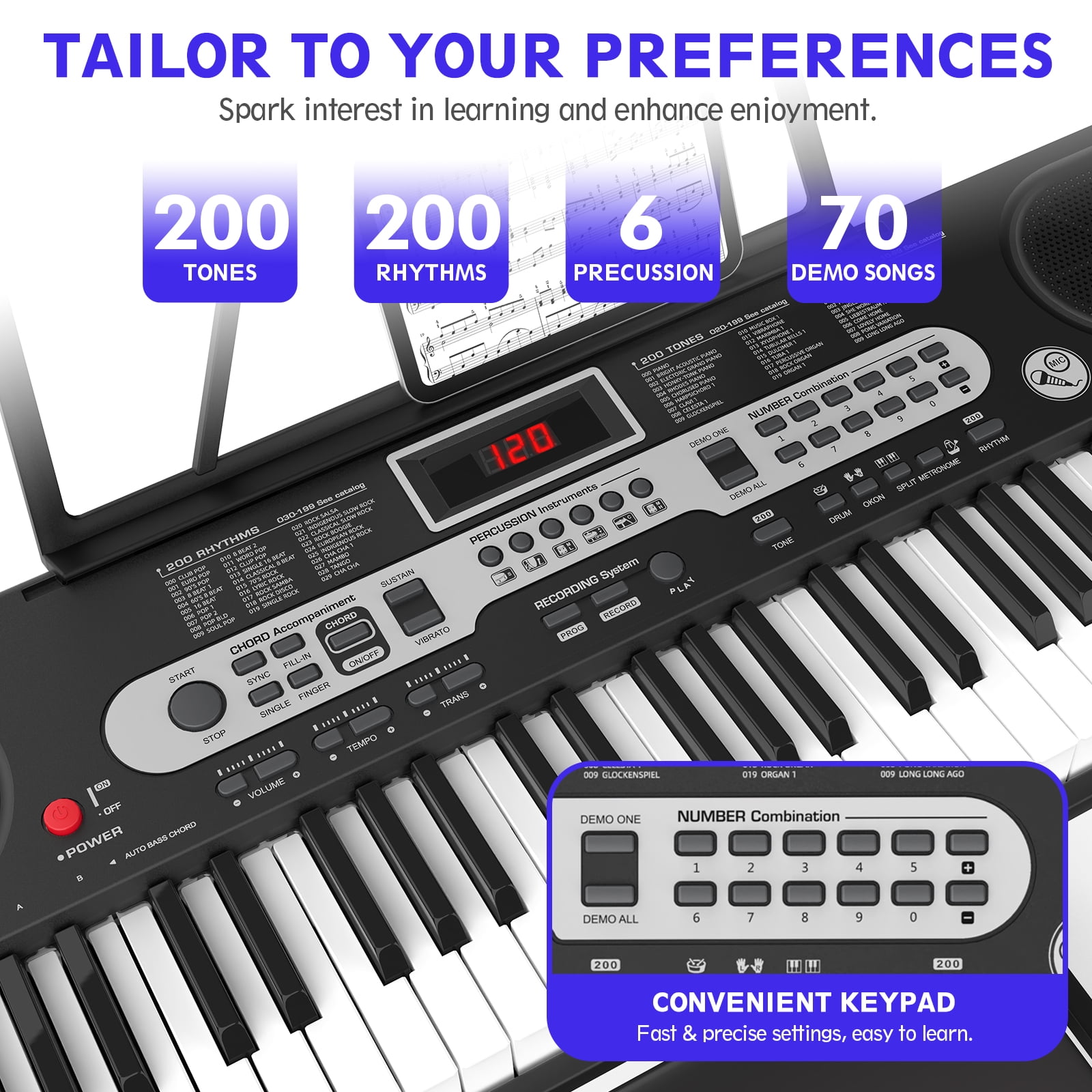 SUGIFT 61 Key Electric Keyboard Piano with Lighted Keys Portable Piano Kit, Black