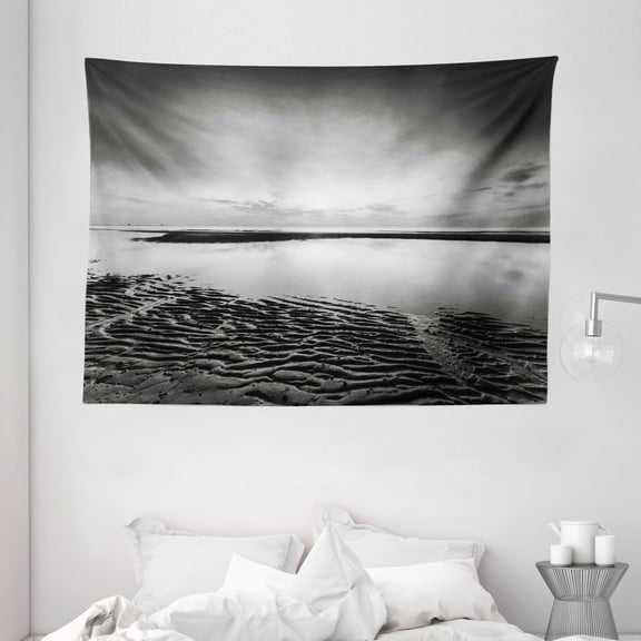 Black and White Decorations Tapestry, Idyllic Sunrise at Beach Rippled Seashore Dramatic Image, Wall Hanging for Bedroom Living Room Dorm Decor, 80W X 60L Inches, Black White Grey, by Ambesonne