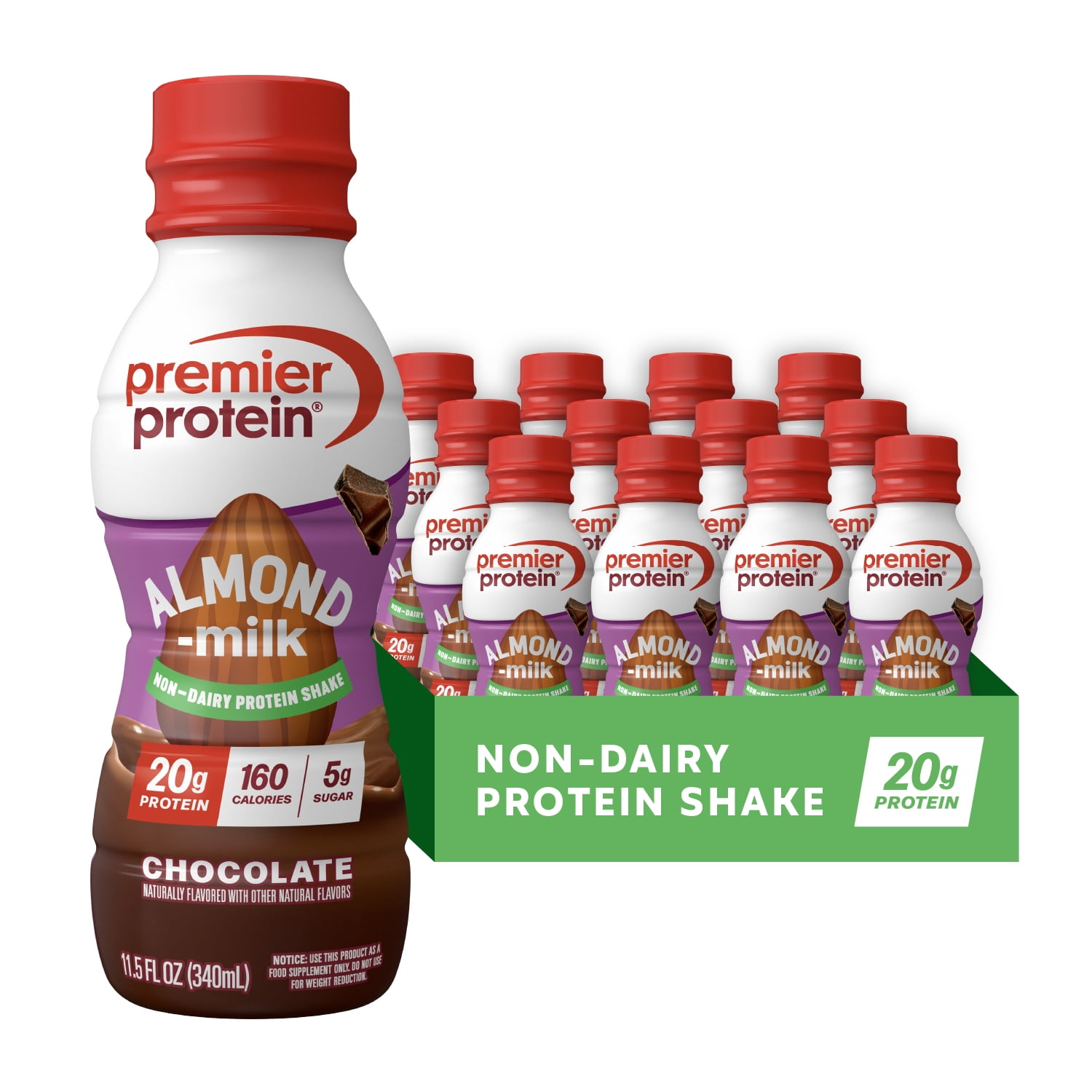 Premier Protein Almondmilk Non-Dairy Protein Shake, 20g Protein, 5g Sugar, 11.5 Fl oz, Chocolate, 12 Count