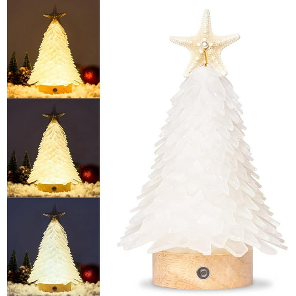 Sinkoo White Sea Glass Christmas Tree, 8.6" Handcrafted Mini Christmas Tree with 3-Color LED Lights, Ideal for Christmas, New Year, Home Decor, Coastal Holiday Decor, Versatile Home Decor
