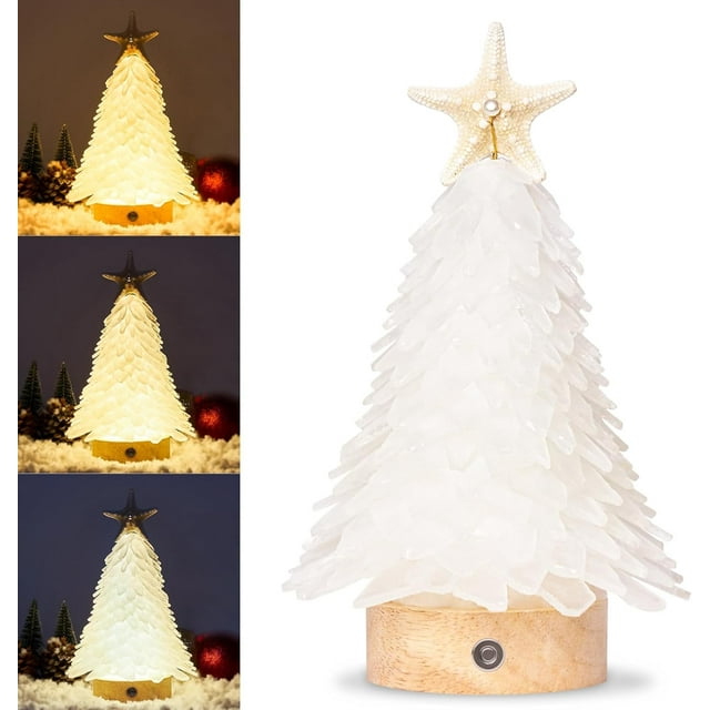 Sinkoo White Sea Glass Christmas Tree, 8.6" Handcrafted Mini Christmas Tree with 3-Color LED Lights, Ideal for Christmas, New Year, Home Decor, Coastal Holiday Decor, Versatile Home Decor