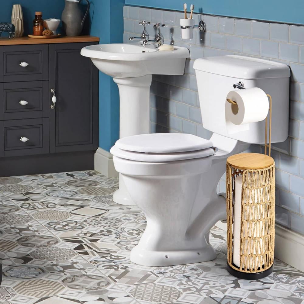 MIDODO Freestanding Toilet Paper Holder with Storage, 3 Rolls of Tissue Holder for Bathroom, Rattan Boho Handmade Woven Toilet Paper Roll Holder Stand