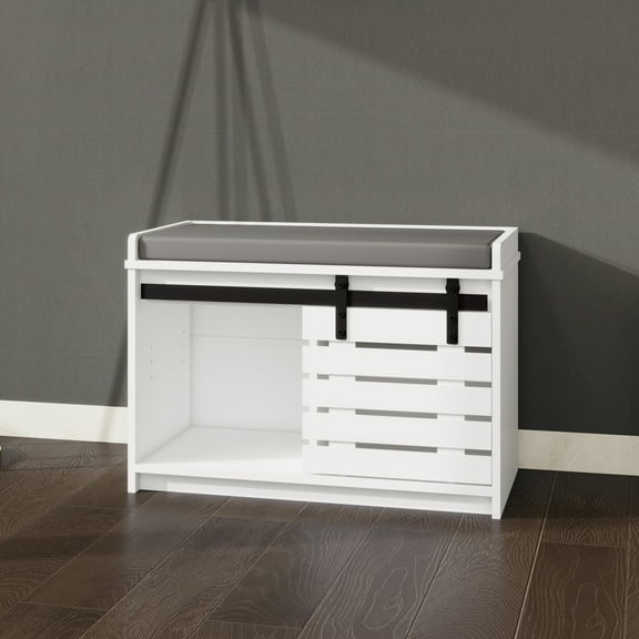 Modern Shoe Storage Bench with Sliding Barn Door - 2-Tier Entryway Bench with Adjustable Shelves & Soft Removable Seat Cushion, White - Farmhouse Style Organizer for Entryway, Hallway, or Bedroom