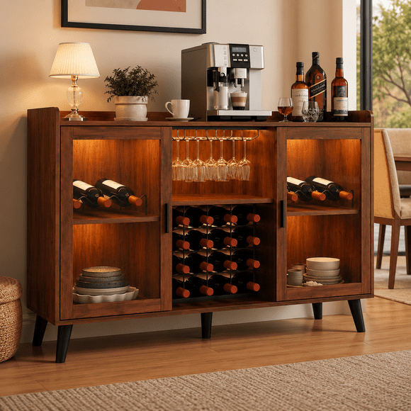 Gabinete Bar para Vinos con Botellero y Portacopas, Barra de Café con Luz LED y Puertas de Vidrio, 120 x 40 x 90 cm, Rojo Marrón