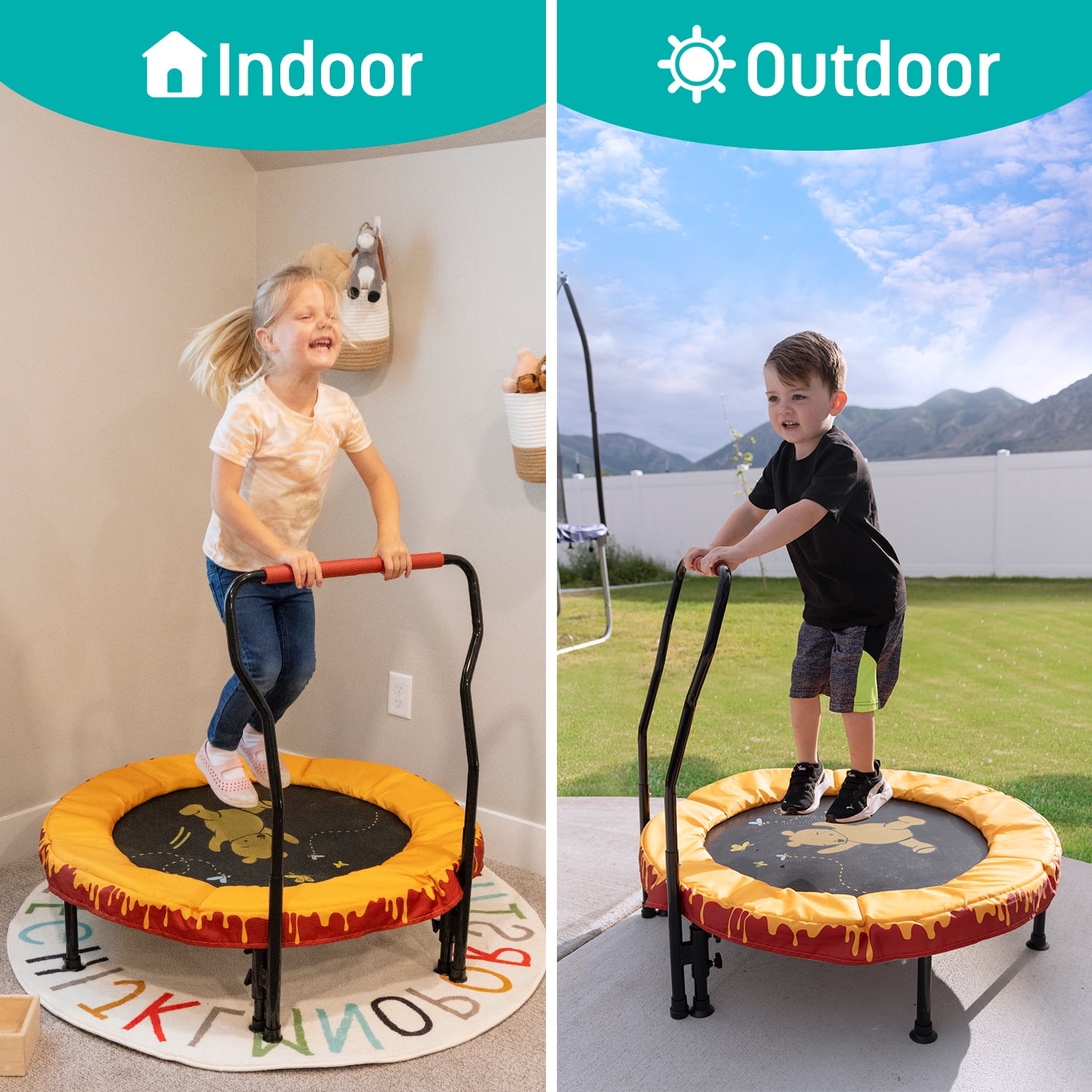 Skywalker Trampolines 36" Mini Trampoline for Kids & Toddlers - No-Spring Design with Adjustable Handlebar, Foldable for Easy Storage, Indoor/Outdoor Use