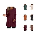 thumbnail image 1 of Long Chandail pour Femmes 2025 Manches Longues Col Rond Tricoté Côtelé avec Poches Tenues Automne Hiver, 1 of 5
