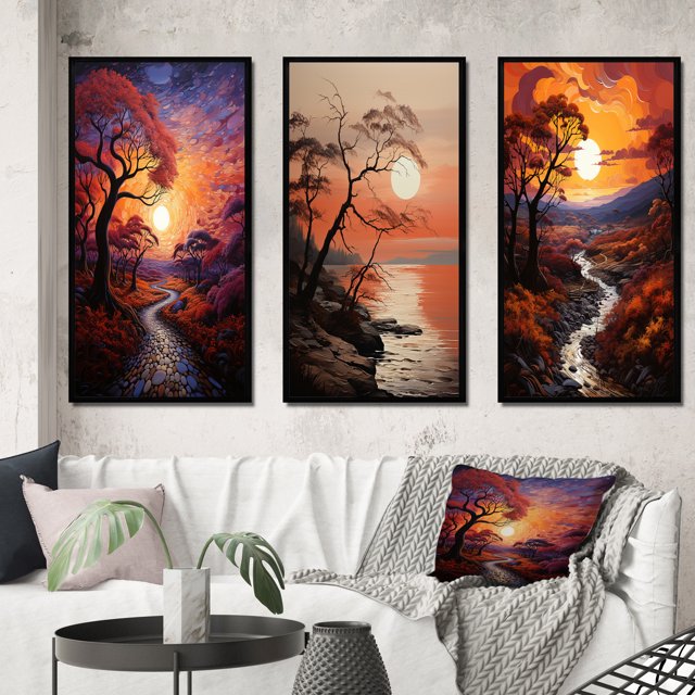 Designart "Sunset Sunset Reverie Painting I" Floral Framed Wall Art Set Of 3 - Yellow Sunrisesunset Frame Gallery Set For Office Decor