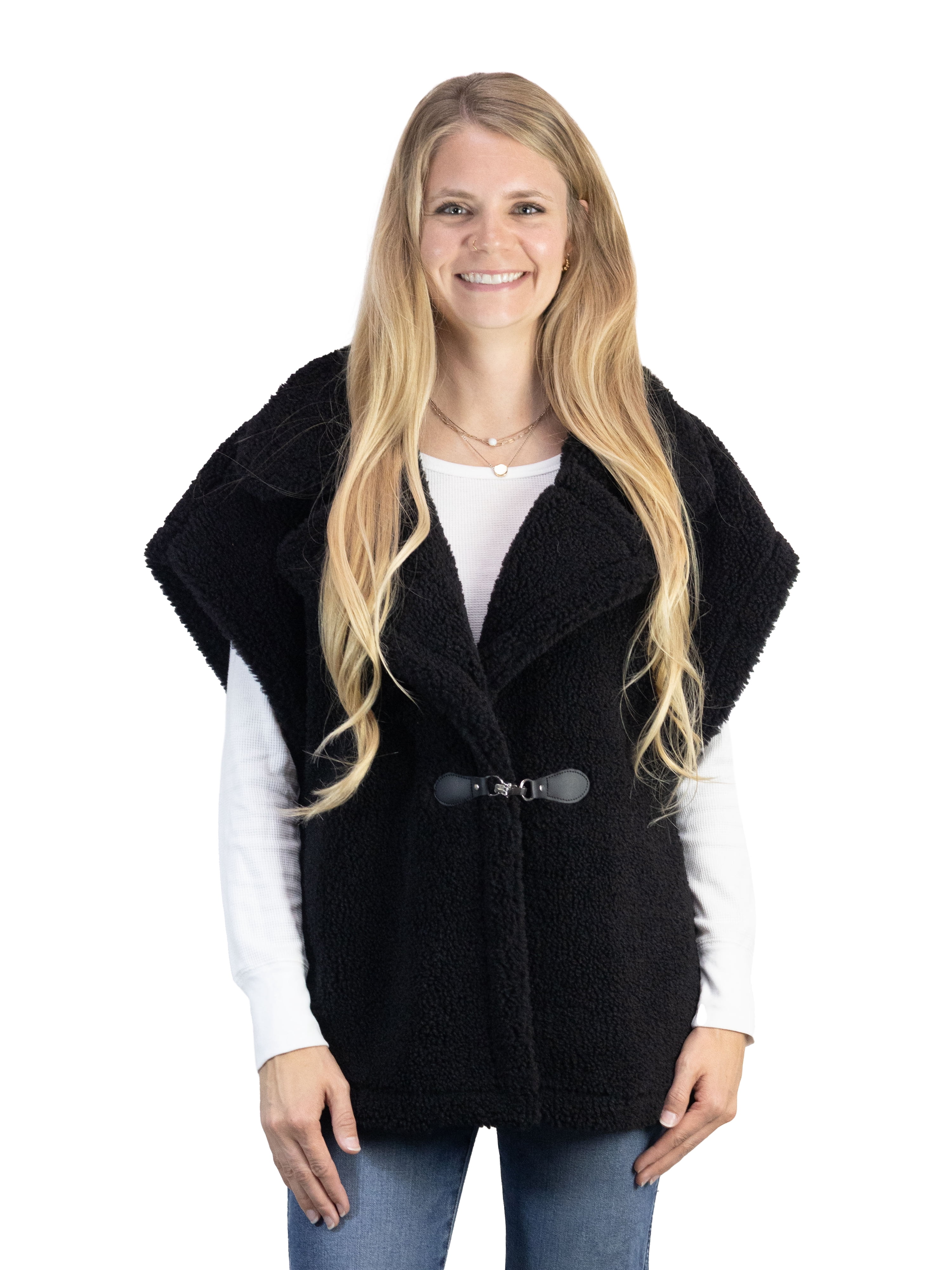 Time and Tru Womens Faux Shearling Vest, Black