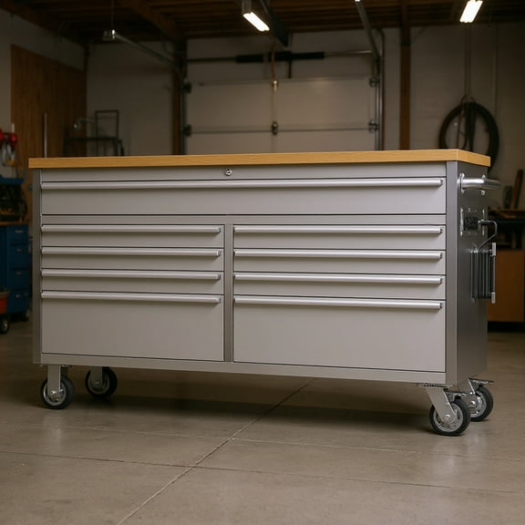 Garvee 61" Tool Chest, Rolling Workbenches with 9 Drawers and Pre-Installed Power Strip for Garage, Workshop, Kitchen