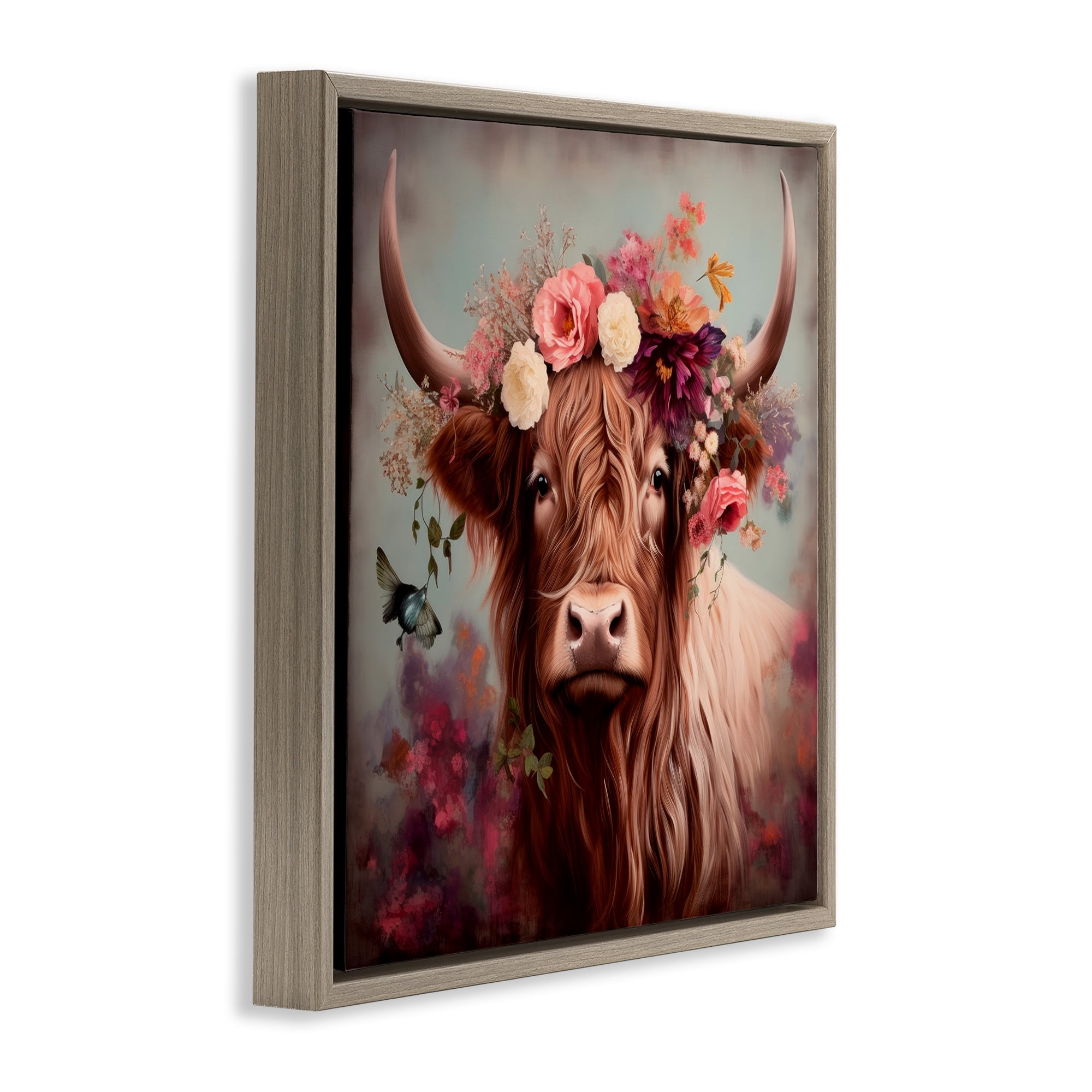 Stupell Industries Longhorn & Flower Garland Animals & Insects Painting Brown Floater Framed Canvas Art Print Wall Art, 25 x 25