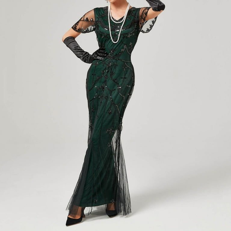 HAXMNOU Women 1920 s Dress Sequin Fringe Party Great Gatsby Flapper Green M