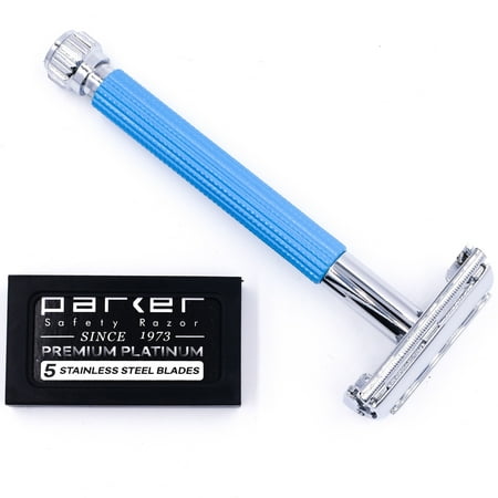 Parker 29L Blue Handle Safety Razor and 5 Parker Premium Double Edge Blades - Great for both Men & Women - New for