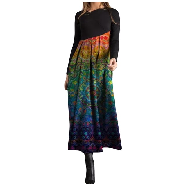 Pompotops Robe Longue Décontractée Automne et Hiver à Manches Longues Imprimée Bohème, Robes d'Automne pour Femmes