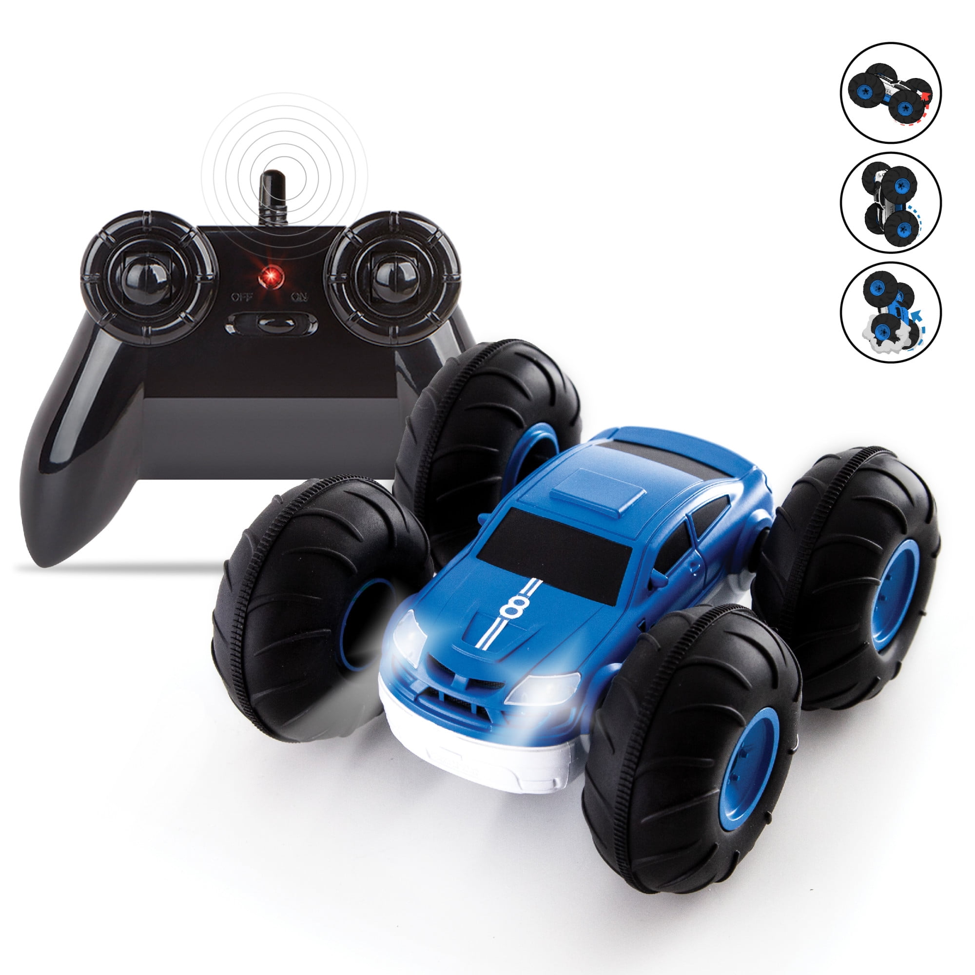 Sharper Image® Toy RC Flip Stunt Rally Remote Control Stunt Vehicle with 2-in-1 Reversible Design for Racing, Led Headlights, 2-pieces, Blue/White, Age 6+