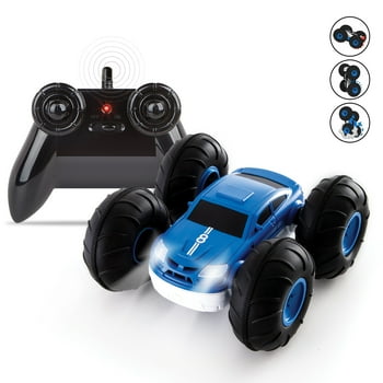 Sharper Image Toy RC Flip Stunt Rally Remote Control Stunt Vehicle with 2-in-1 Reversible Design for Racing, Led Headlights, 2-pieces, Blue/White, Age 6+