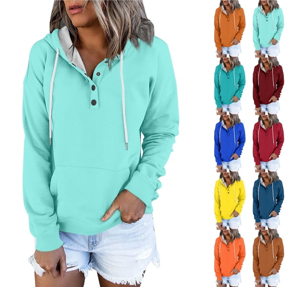 Women's Pullover Hoodies Tops Solid Color Casual Button Down Long Sleeve Pocket Sweatshirts, Versatile Fall Winter Fashion Wear with Comfort Fit and Stylish Design for Daily Use,Blue,L