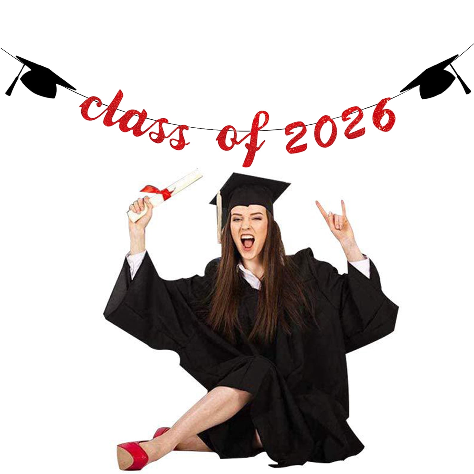Class of 2027 Graduation Banners Party Decorations, Gold Glitter Graduation Banners Garland for Congratulation Graduations Party Supplies, School, Home, Car Decorations(Red)