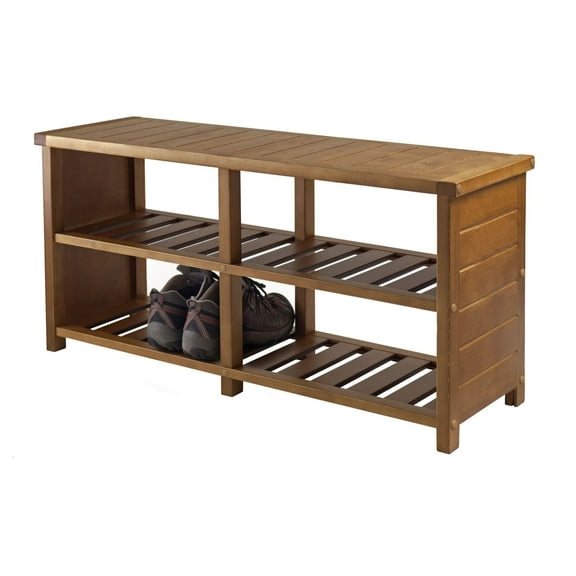 Shoe Rack Organizer - 38.3" Wide Wooden Shoe Storage Bench for Entryway or Closet - Teak Finish, 200lbs Capacity