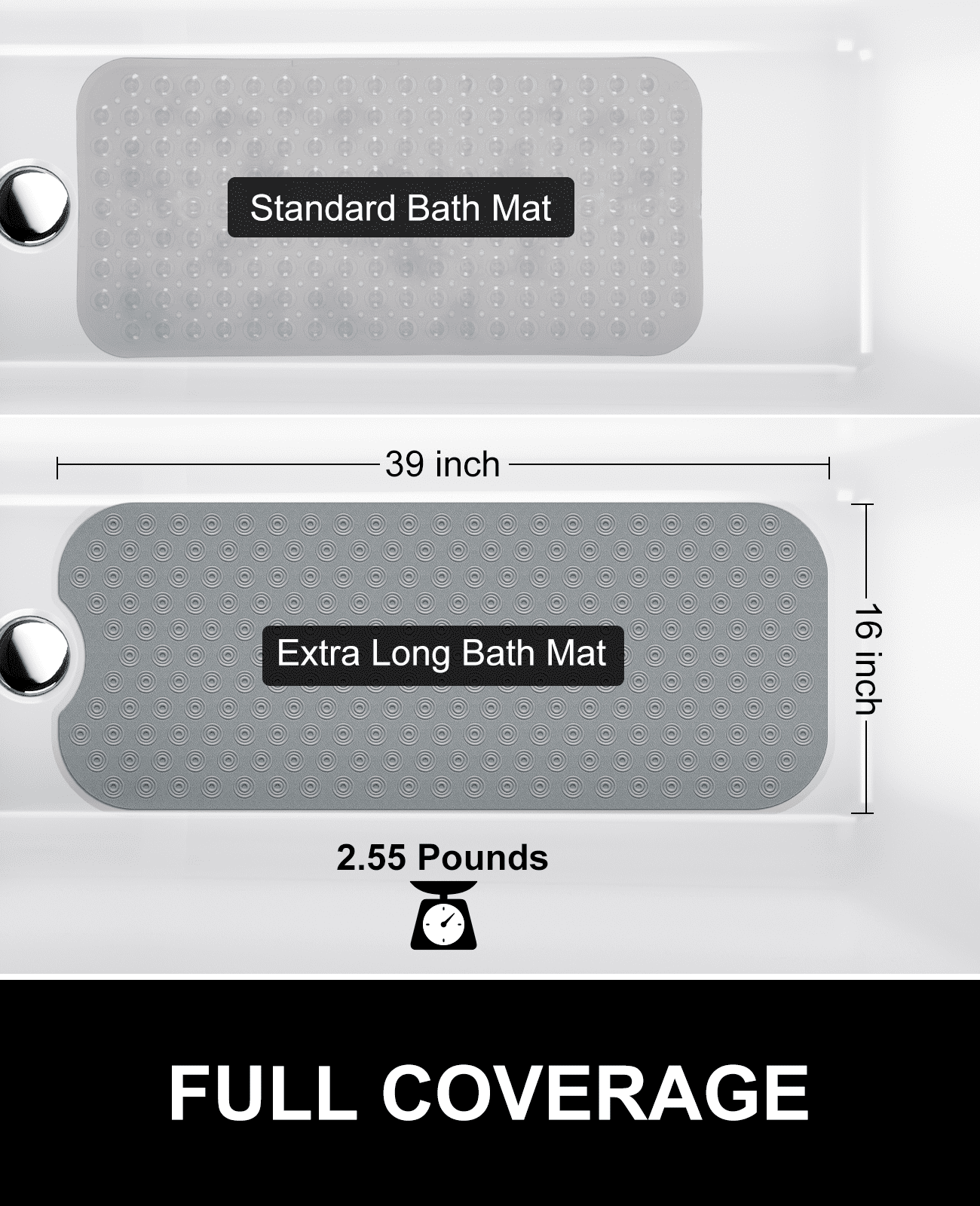 OTHWAY No Suction Cup Bath Mat: 39x16inch Extra Long Bathmat, Machine Washable, Made of Nature Rubber, Protect Your Bathtub (Dark Gray)