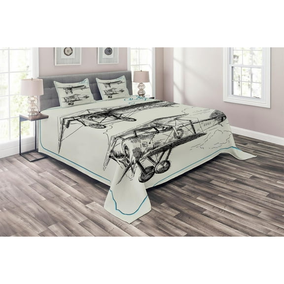 Ambesonne Nostalgic Quilted Coverlet 3 Pcs, Aircraft Jets in Sky, Queen Size, Blue Black