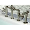 thumbnail image 3 of Kingston Brass KS2338RKX Webb Two-Handle 4-Hole Deck Mount Bridge Kitchen Faucet with Knurled Handle and Brass Side Sprayer in Brushed Nickel, 3 of 7