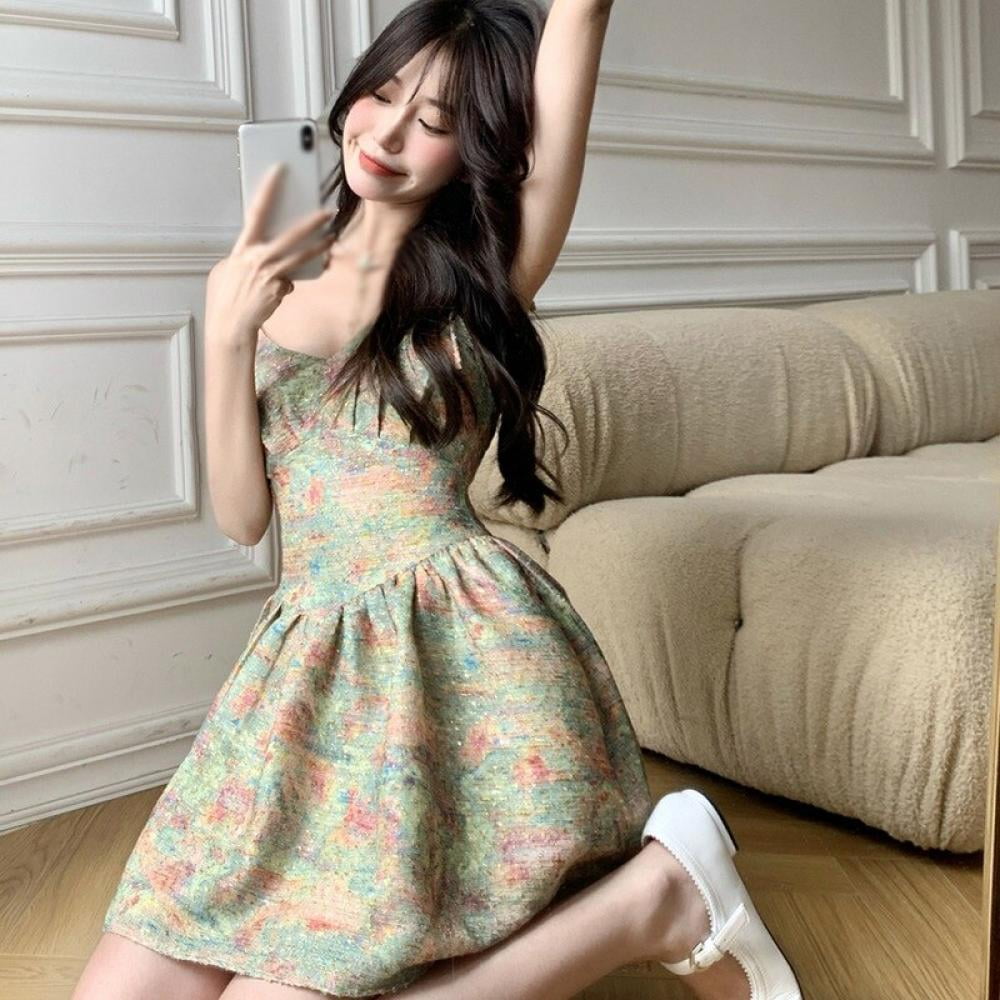 Floral Design Puff Sleeve Dress Korean Styles Casual Summer Wears V-Neck  Dresses | eBay
