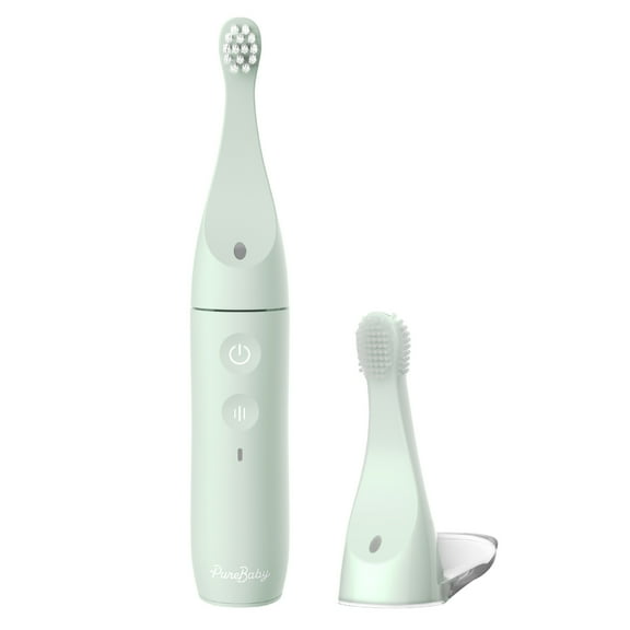 Pure Enrichment PureBaby Infant-to-Toddler Electric Toothbrush - Waterproof Baby & Toddler Toothbrush with Silicone & Bristle Heads, Sonic Vibration, & Timer - Ages 6 Mo-3 Yrs (Sage Green)
