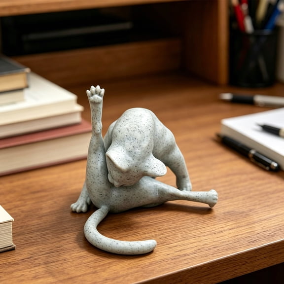 White Cat Figurine, Funny Licking Kitty Statue Resin Animal Sculpture Ornament for Home Office Desk, Shelf, Gifts for Women, Christmas, Birthday Gifts