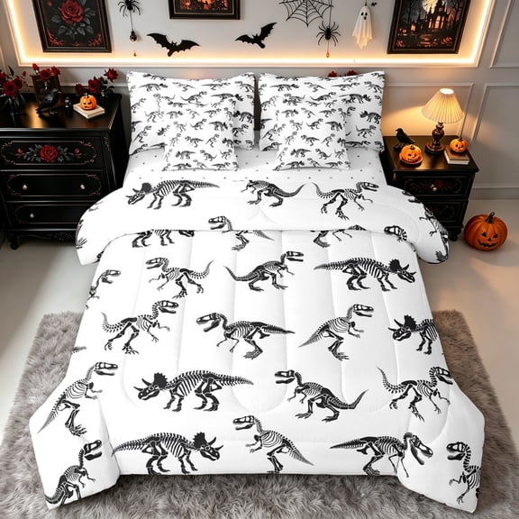Erosebridal Dinosaur Skull Twin Bedding, T Rex Skeleton Bedding Comforter Set, White Black, Reversible, 7-Piece