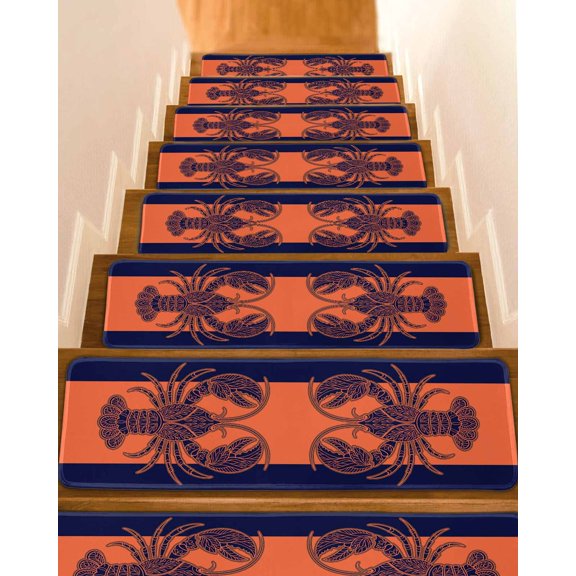 Orange Navy Blue Lobster Stair Treads Non Slip Indoor for Wooden Steps, Summer Beach Coastal Modern Art 4 Pcs Stair Mats for Elders Dogs, 8 x 30 Inch Carpet Treads Runner Rugs for Staircase