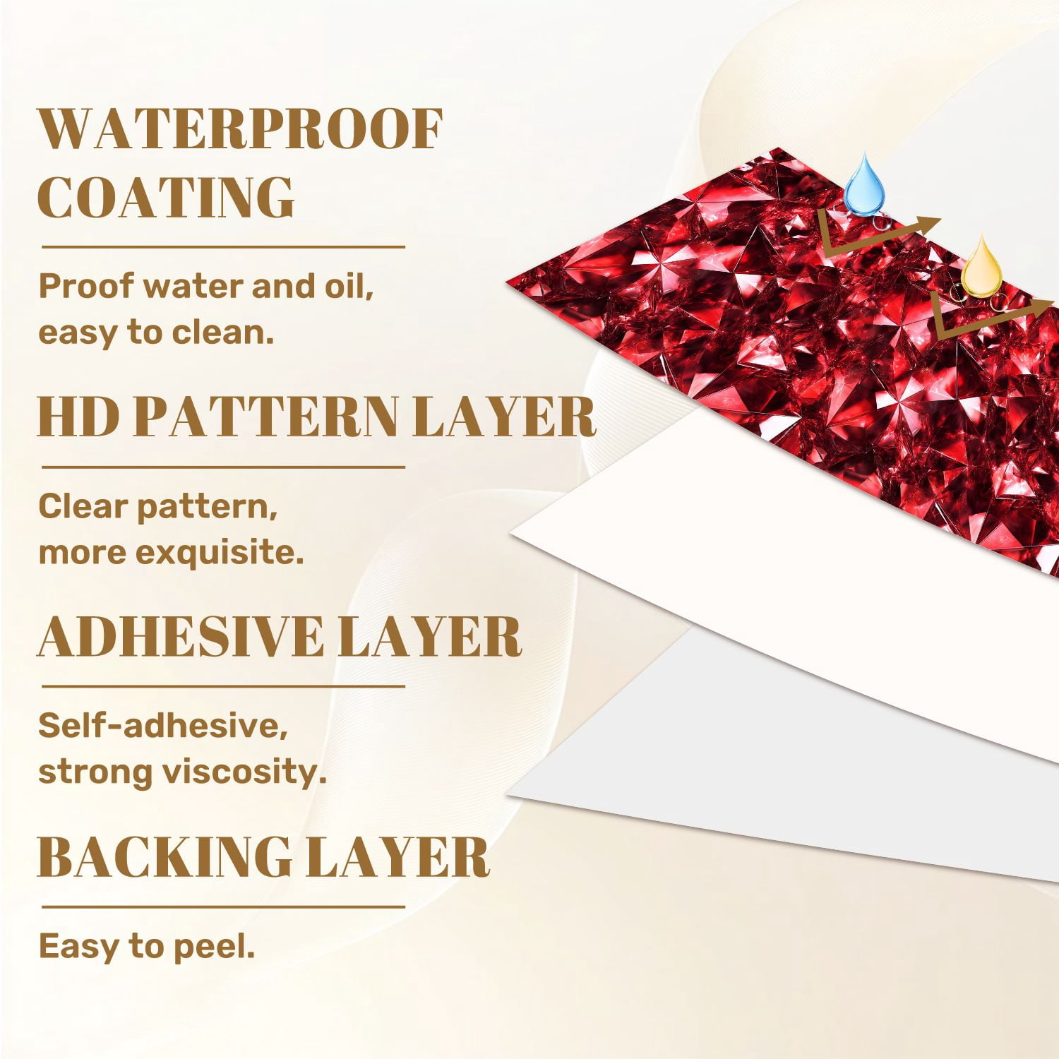 Vintage Peel and Stick Wallpaper Red Faceted Crystal Gemstone Abstract Wall Mural 23.6in x 9.8ft Self Adhesive Removable Wall Paper Renter Friendly Wallpaper for Bedroom Livingroom Office