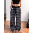 thumbnail image 4 of Women'S Plaid Checkered Pants Flannel Pajama Pants Lounge Wide Leg Baggy Sweatpants with Pockets Navy Blue S, 4 of 10
