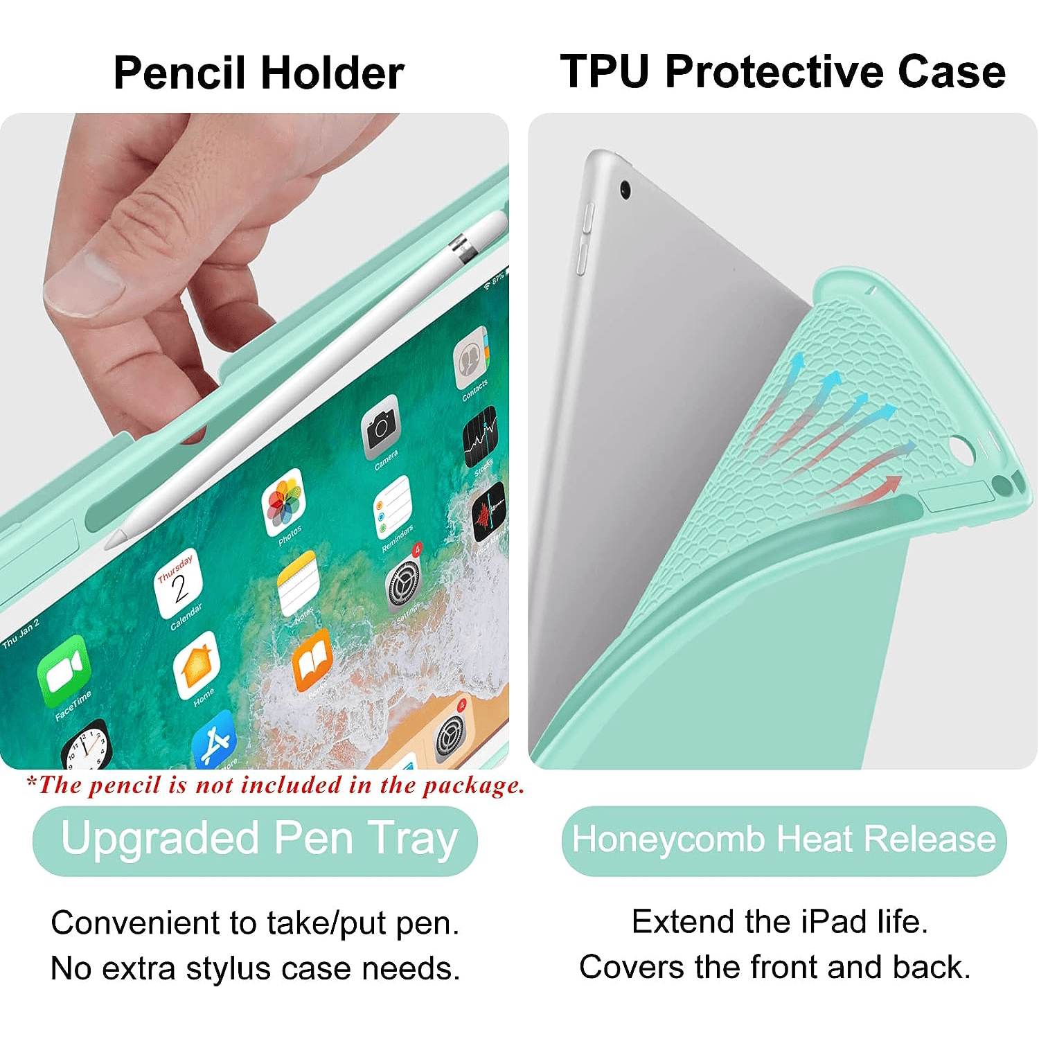 iPad 9.7 inch 5th 6th Generation Case with Keyboard, 360°Rotatable iPad Air 2 Keyboard Case with Pencil Holder(2018/2017/2014),7 Color Backlit Bluetooth Keyboard Smart Folio Tablet Cover(Green)