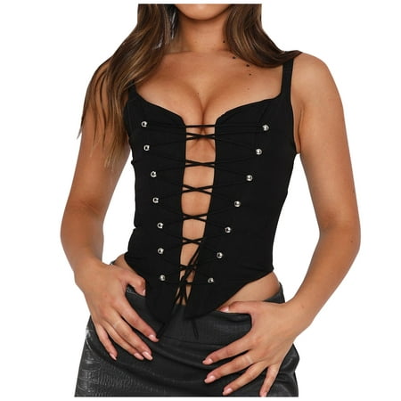 

Womens Summer Bustier Sexy Spaghetti Strap Lace up Corset Going Out Cami Crop Tops Clubwear Camisole