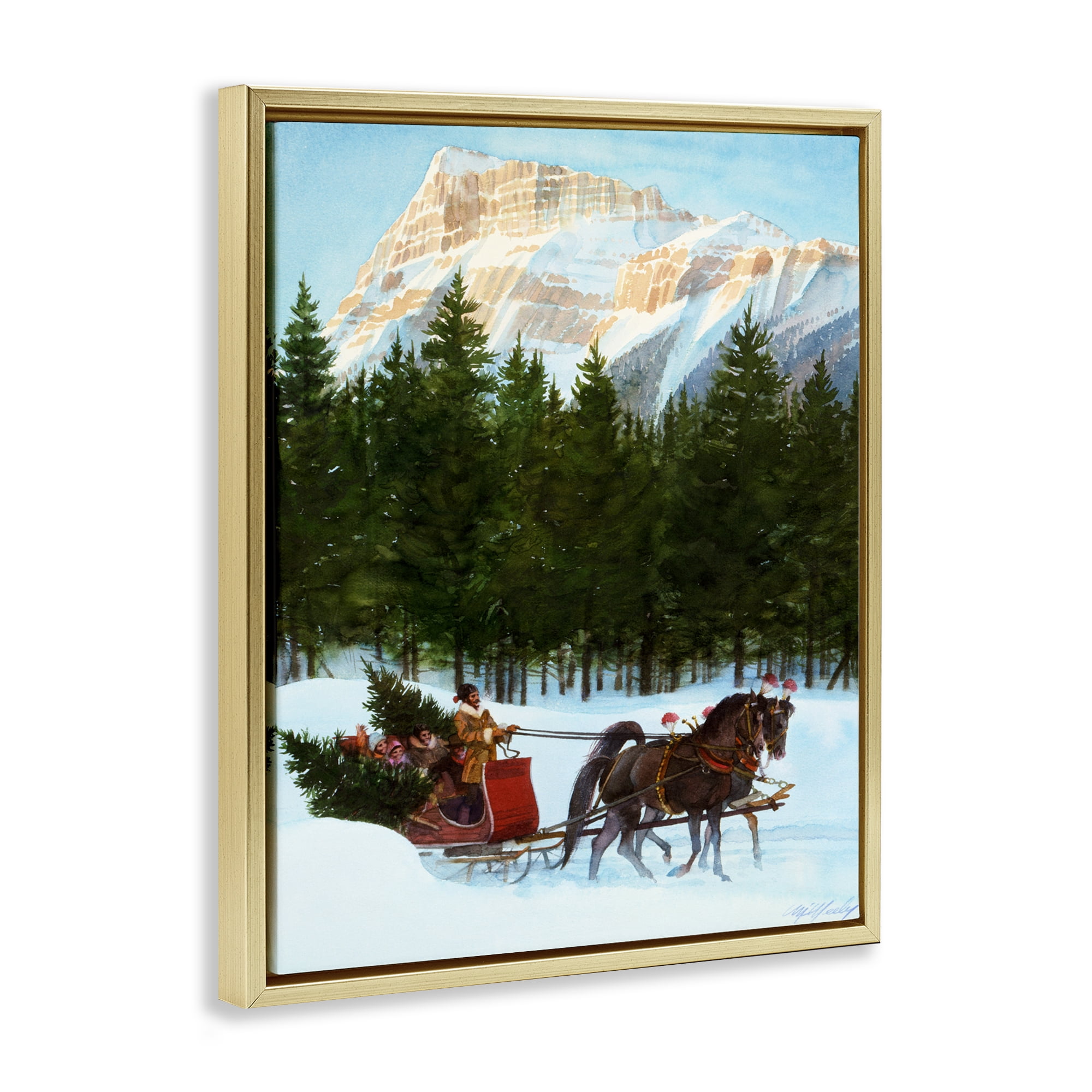 Sleigh Ride Carrying Trees Gold Framed Floater Canvas Wall Art, design by Wind River Studios