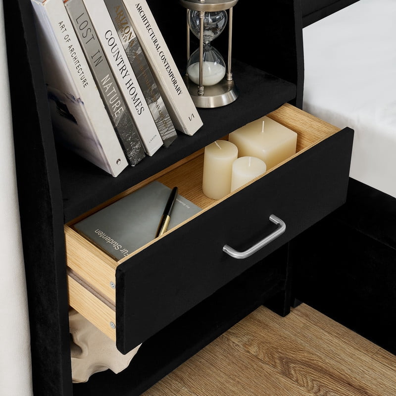 Queen/King Size Modern Upholstered Platform Bed Frame, Velvet Storage Bed with Headboard, Side Bookcases & Drawers Nightstand