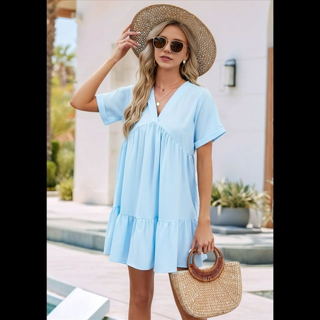 Vestido de Corta con Escote en V y Volantes en el Bajo, Color Azul , Talla L