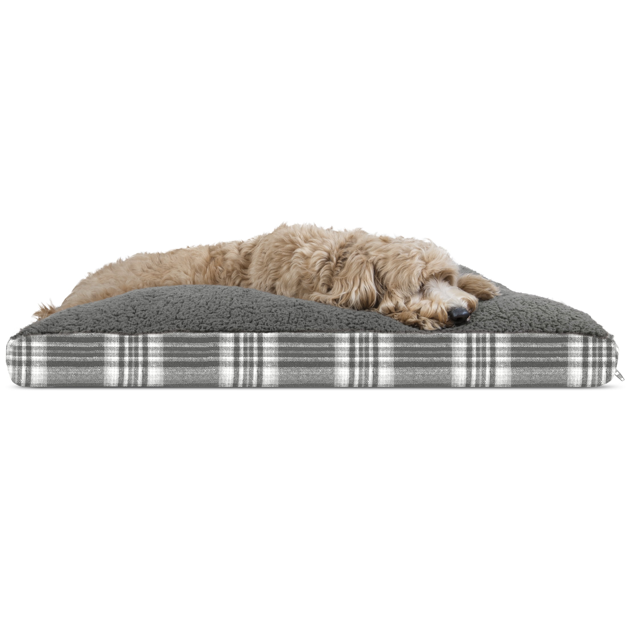 FurHaven Pet Dog Bed | Deluxe Faux Sheepskin & Plaid Pillow Pet Bed for Dogs & Cats, Smoke Gray ...